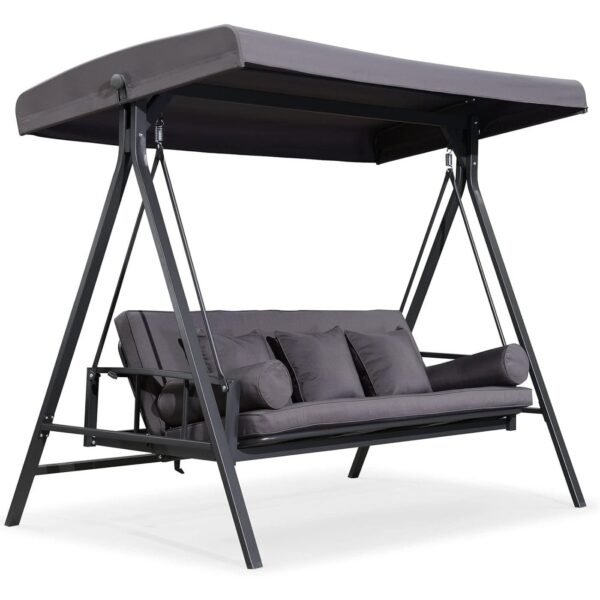 PURPLE LEAF 3-seat Outdoor Patio Porch Swing Adjustable Backrest, Cushions and Pillow Included