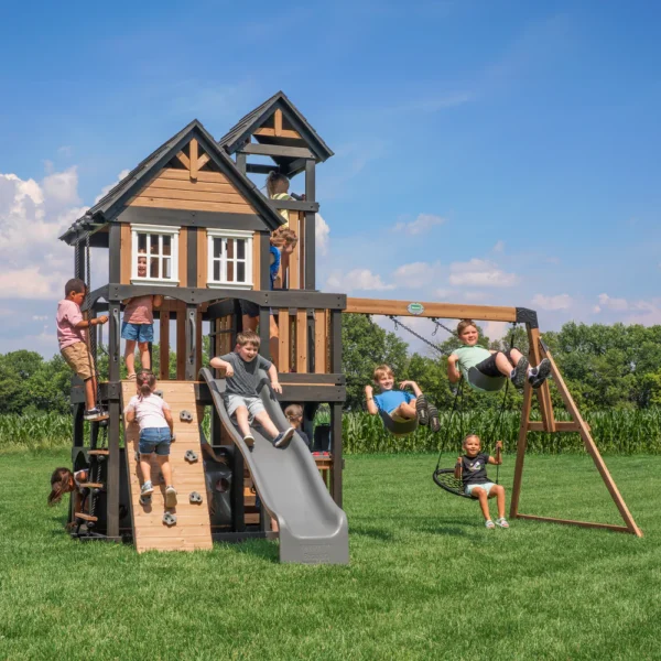Backyard Discovery Mystic Tower Multi-Level Cedar Swing Set with Hidden Climbing Tower