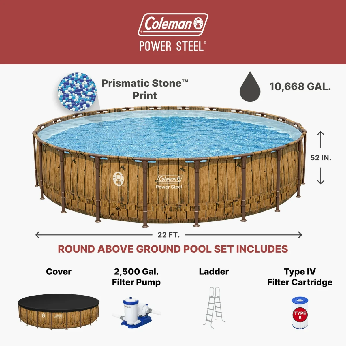 Coleman Power Steel 22 ft. x 52 in. Round Metal Frame Above Ground Pool ...
